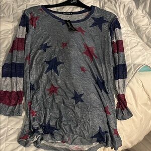 David Cline Star Pattern Long Sleeve Top - Gray, Blue, Red